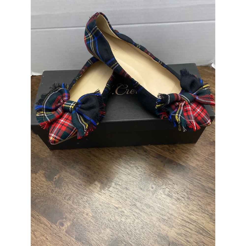 J.Crew Lottie Frayed Bow Flats in Tartan Plaid Black Red Green Size 8 H1843
